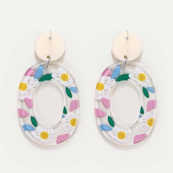 Floral Oval Resin Dangle Earrings NEW! 37O3 - Picture 5 of 11
